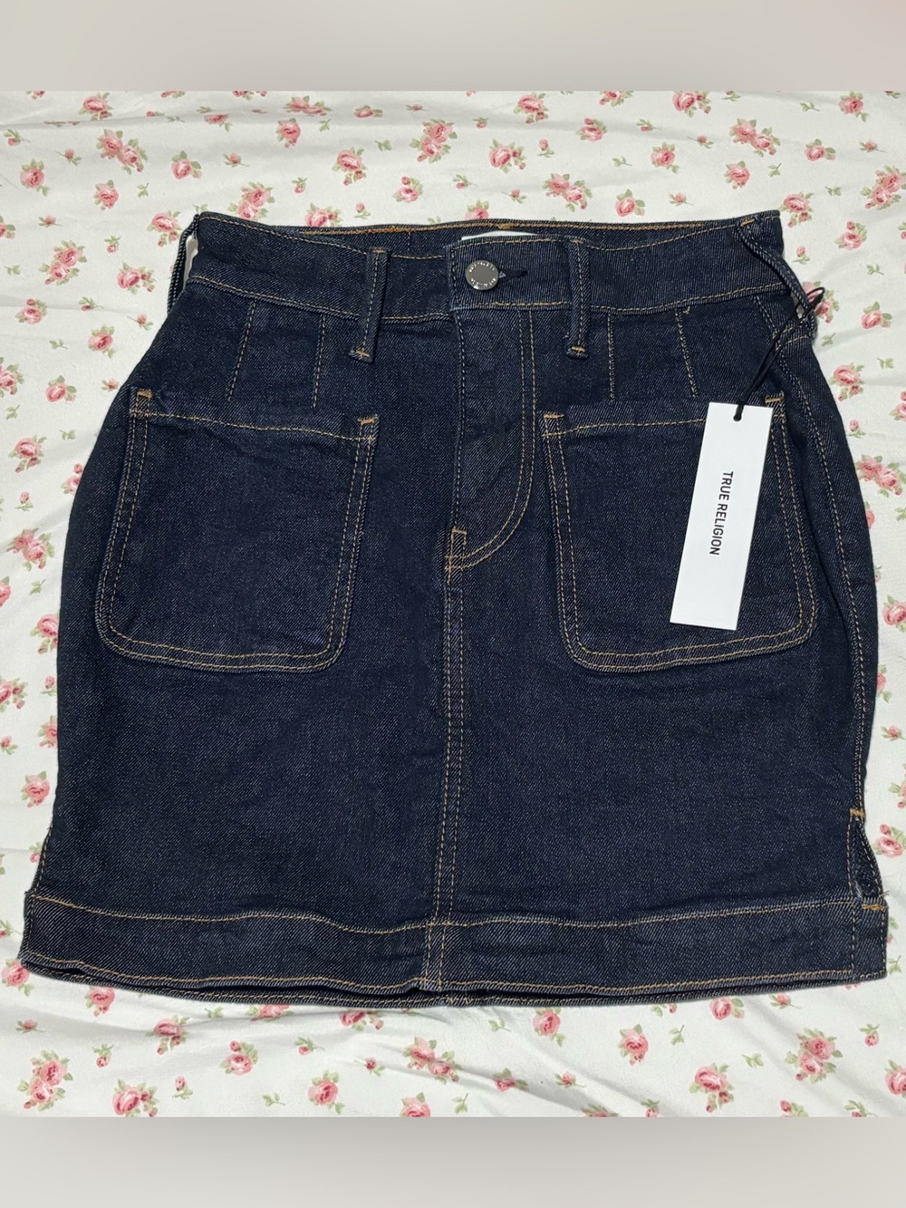 true religion dark blue denim skirt